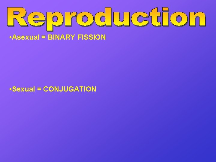  • Asexual = BINARY FISSION • Sexual = CONJUGATION 