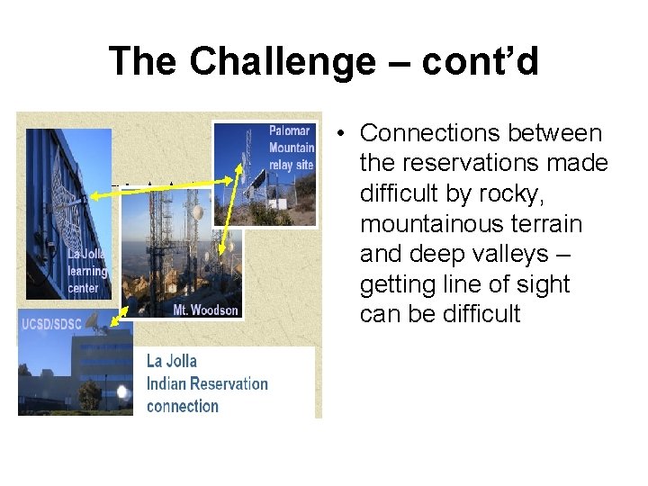 The Challenge – cont’d • Connections between the reservations made difficult by rocky, mountainous