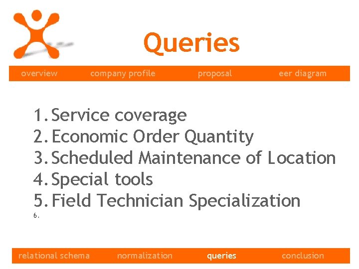 Queries overview company profile proposal eer diagram 1. Service coverage 2. Economic Order Quantity