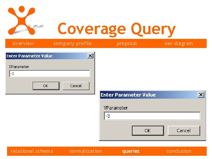 Coverage Query overview relational schema queries company profile normalization proposal queries eer diagram conclusion