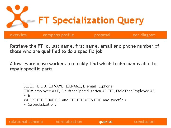 FT Specialization Query overview company profile proposal eer diagram Retrieve the FT id, last