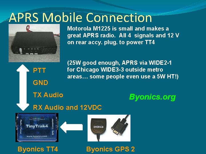 APRS Mobile Connection Motorola M 1225 is small and makes a great APRS radio.