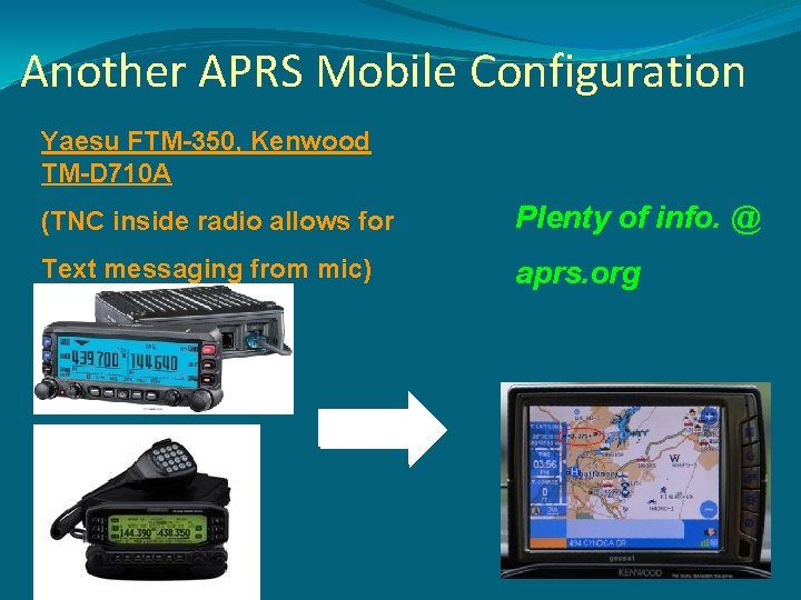 Another APRS Mobile Configuration Yaesu FTM-350, Kenwood TM-D 710 A (TNC inside radio allows
