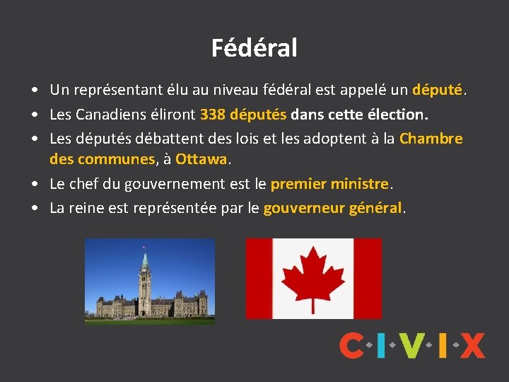 Fédéral • Un représentant élu au niveau fédéral est appelé un député. • Les