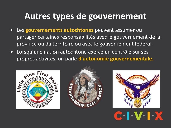 Autres types de gouvernement • Les gouvernements autochtones peuvent assumer ou partager certaines responsabilités