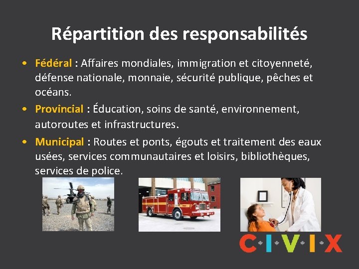 Répartition des responsabilités • Fédéral : Affaires mondiales, immigration et citoyenneté, défense nationale, monnaie,