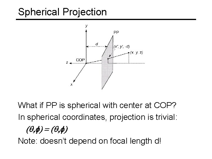 Spherical Projection What if PP is spherical with center at COP? In spherical coordinates,