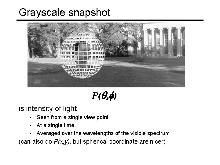 Grayscale snapshot P(q, f) is intensity of light • Seen from a single view
