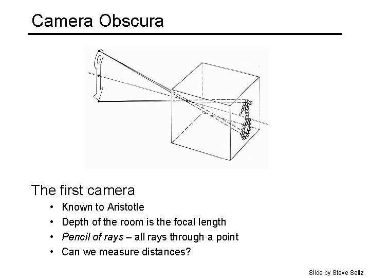 Camera Obscura The first camera • • Known to Aristotle Depth of the room