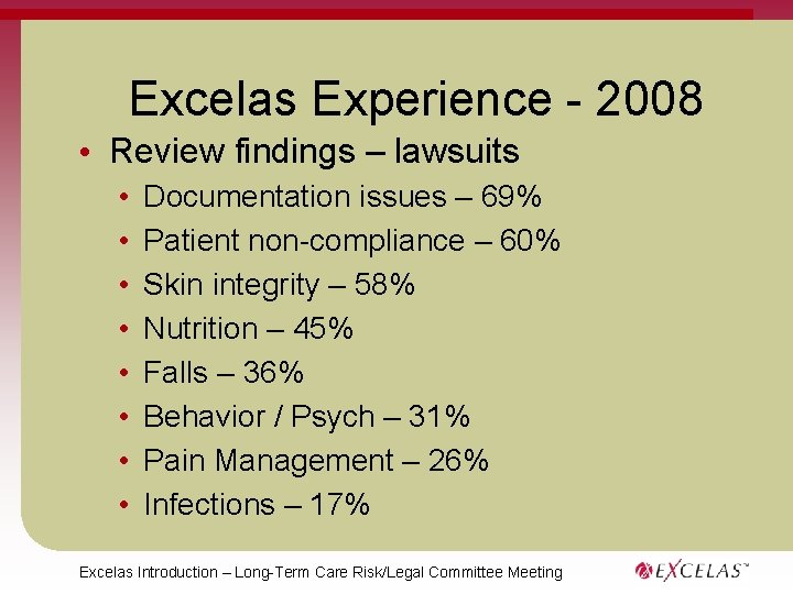 Excelas Experience - 2008 • Review findings – lawsuits • • Documentation issues –