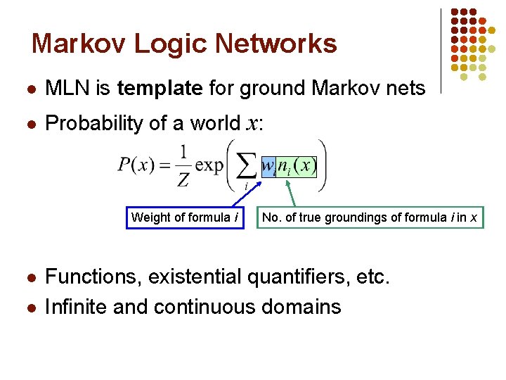 Markov Logic Networks l MLN is template for ground Markov nets l Probability of