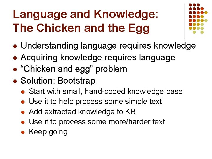 Language and Knowledge: The Chicken and the Egg l l Understanding language requires knowledge