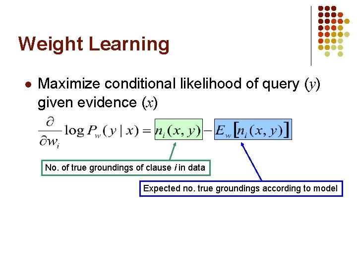 Weight Learning l Maximize conditional likelihood of query (y) given evidence (x) No. of