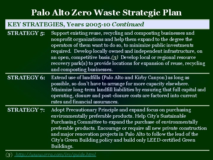 Palo Alto Zero Waste Strategic Plan KEY STRATEGIES, Years 2005 -10 Continued STRATEGY 5: