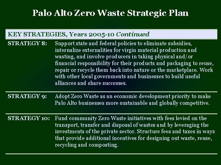 Palo Alto Zero Waste Strategic Plan KEY STRATEGIES, Years 2005 -10 Continued STRATEGY 8: