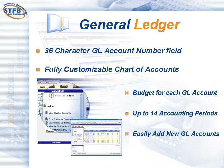 General Ledger 36 Character GL Account Number field Fully Customizable Chart of Accounts Budget