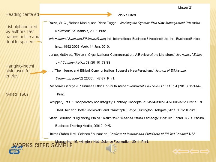 Lintzer 21 Heading centered. List alphabetized by authors’ last names or title and double-spaced.