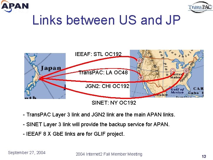 Links between US and JP IEEAF: STL OC 192 Trans. PAC: LA OC 48