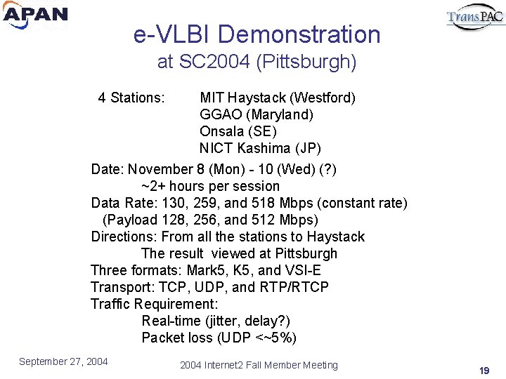 e-VLBI Demonstration at SC 2004 (Pittsburgh) 4 Stations: MIT Haystack (Westford) GGAO (Maryland) Onsala