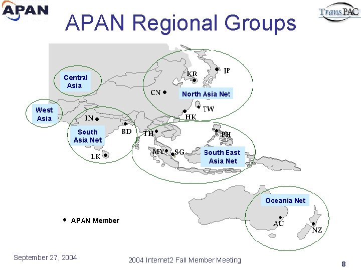 APAN Regional Groups September 27, 2004 Internet 2 Fall Member Meeting 8 