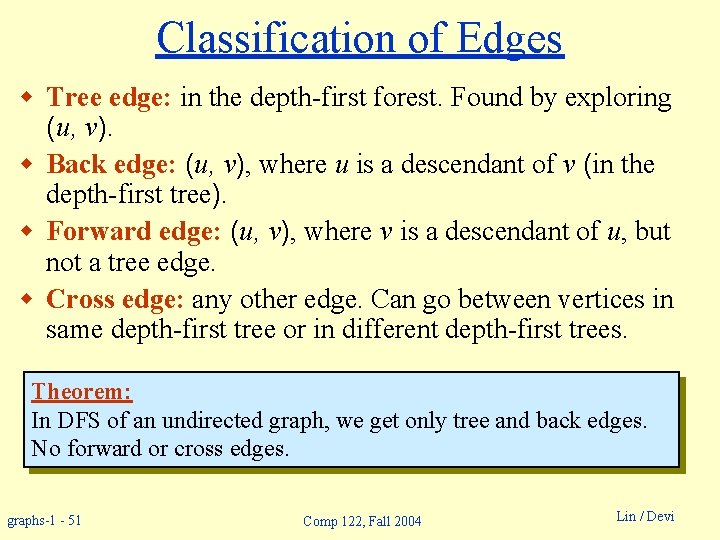Classification of Edges w Tree edge: in the depth-first forest. Found by exploring (u,
