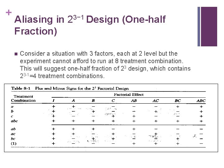 + Aliasing in 23− 1 Design (One-half Fraction) n Consider a situation with 3 + Aliasing in 23− 1 Design (One-half Fraction) n Consider a situation with 3