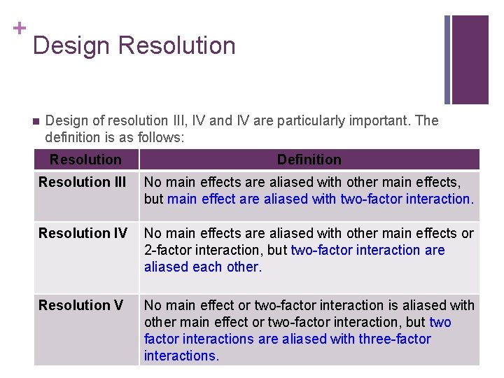 + Design Resolution n Design of resolution III, IV and IV are particularly important. + Design Resolution n Design of resolution III, IV and IV are particularly important.