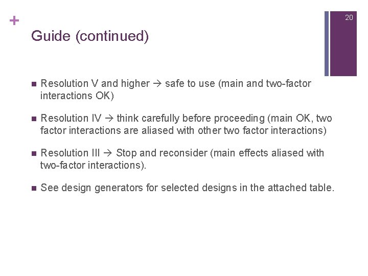 + 20 Guide (continued) n Resolution V and higher safe to use (main and + 20 Guide (continued) n Resolution V and higher safe to use (main and