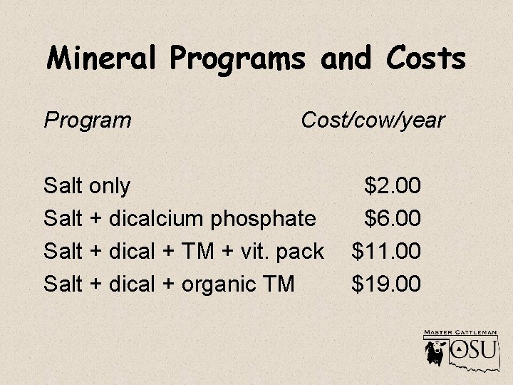 Mineral Programs and Costs Program Cost/cow/year Salt only Salt + dicalcium phosphate Salt +