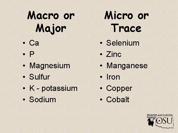 Macro or Major • • • Ca P Magnesium Sulfur K - potassium Sodium
