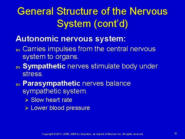 General Structure of the Nervous System (cont’d) Autonomic nervous system: Carries impulses from the