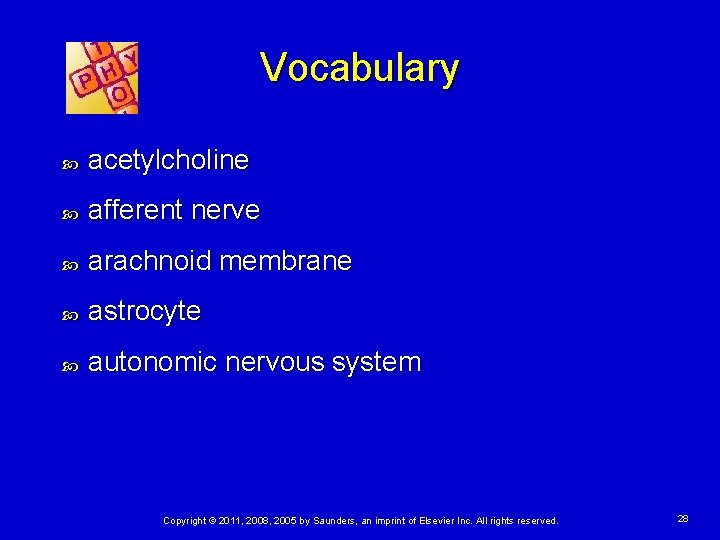 Vocabulary acetylcholine afferent nerve arachnoid membrane astrocyte autonomic nervous system Copyright © 2011, 2008,