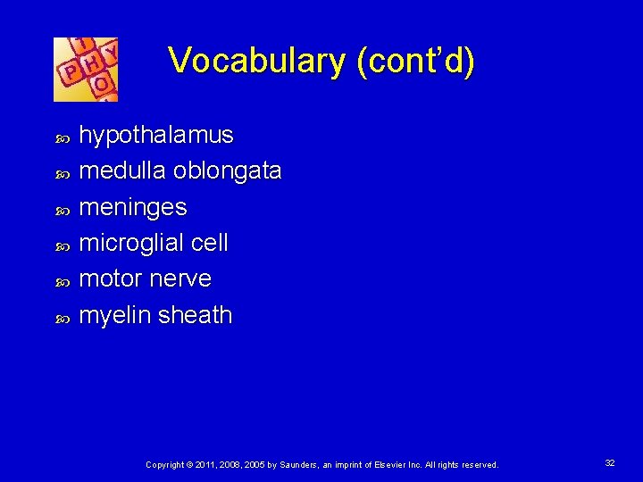 Vocabulary (cont’d) hypothalamus medulla oblongata meninges microglial cell motor nerve myelin sheath Copyright ©