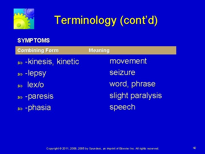 Terminology (cont’d) SYMPTOMS Combining Form -kinesis, kinetic -lepsy lex/o -paresis -phasia Meaning movement seizure