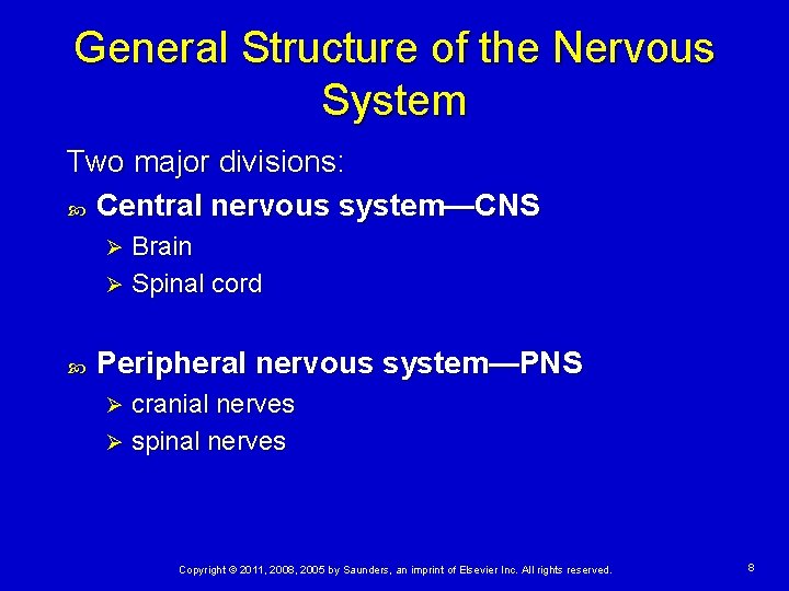 General Structure of the Nervous System Two major divisions: Central nervous system—CNS Brain Ø