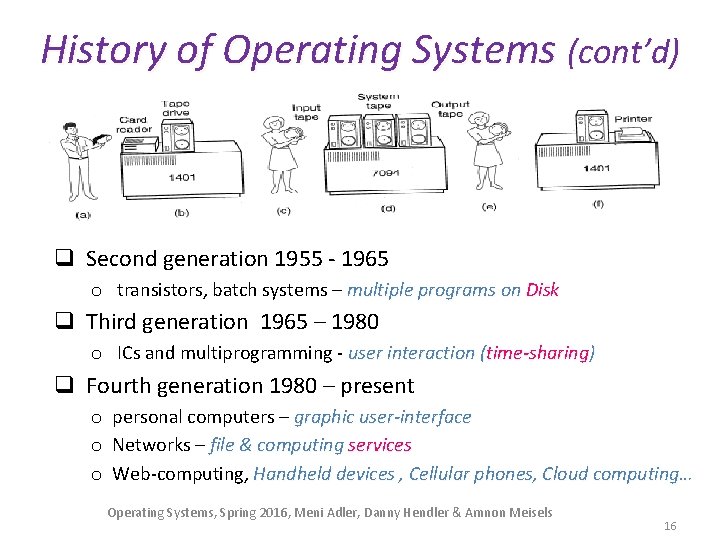 History of Operating Systems (cont’d) q Second generation 1955 - 1965 o transistors, batch