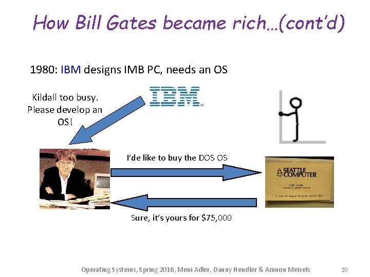 How Bill Gates became rich…(cont’d) 1980: IBM designs IMB PC, needs an OS Kildall