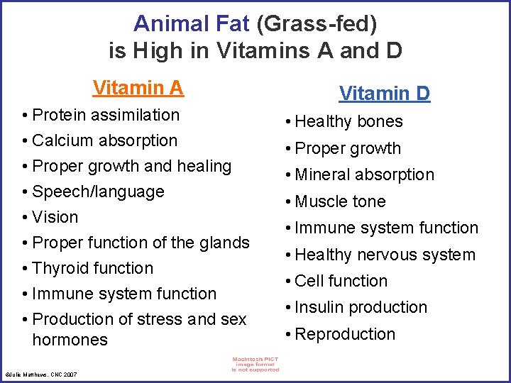 Animal Fat (Grass-fed) is High in Vitamins A and D Vitamin A • Protein