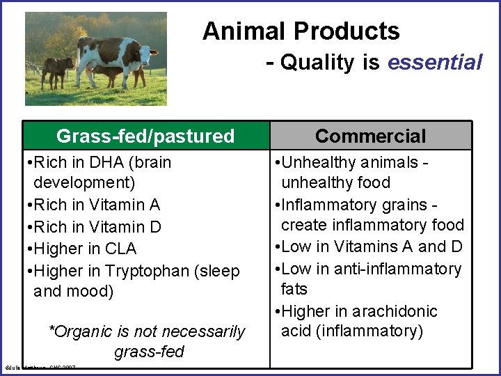 Animal Products - Quality is essential Grass-fed/pastured • Rich in DHA (brain development) •