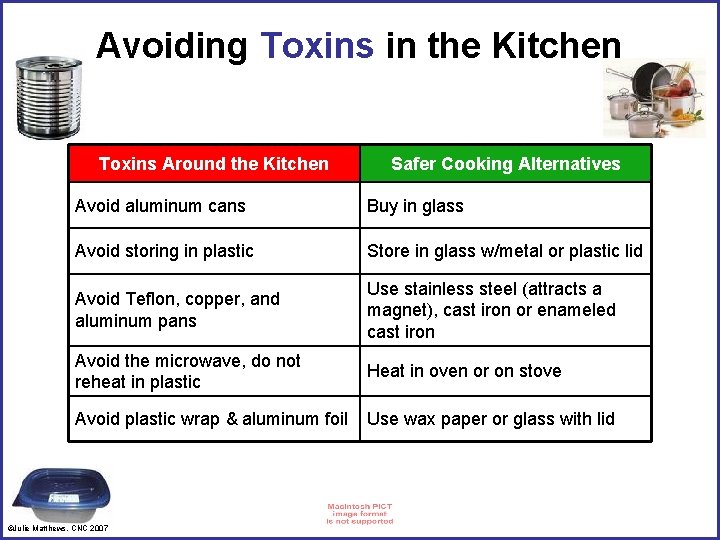 Avoiding Toxins in the Kitchen Toxins Around the Kitchen Safer Cooking Alternatives Avoid aluminum