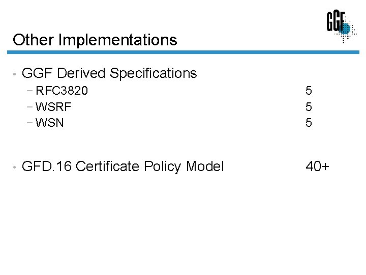 Other Implementations • GGF Derived Specifications − RFC 3820 − WSRF − WSN •