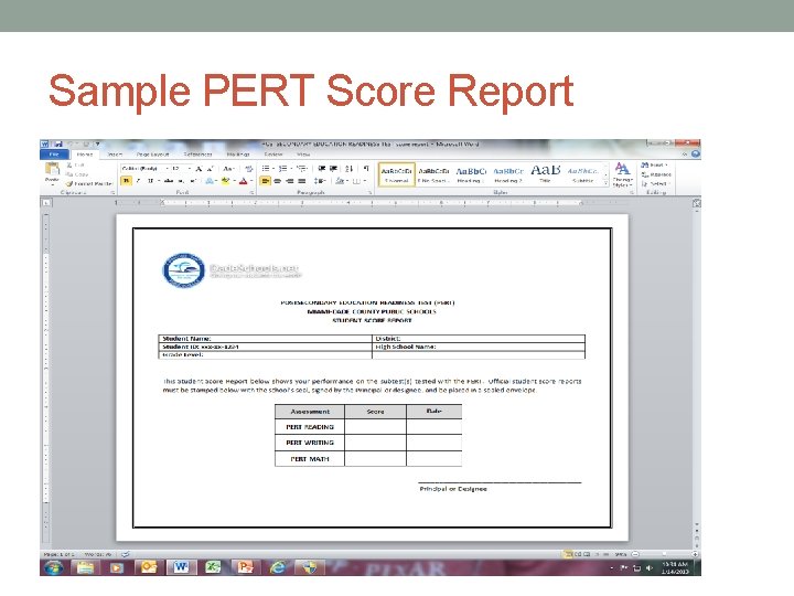 Sample PERT Score Report 