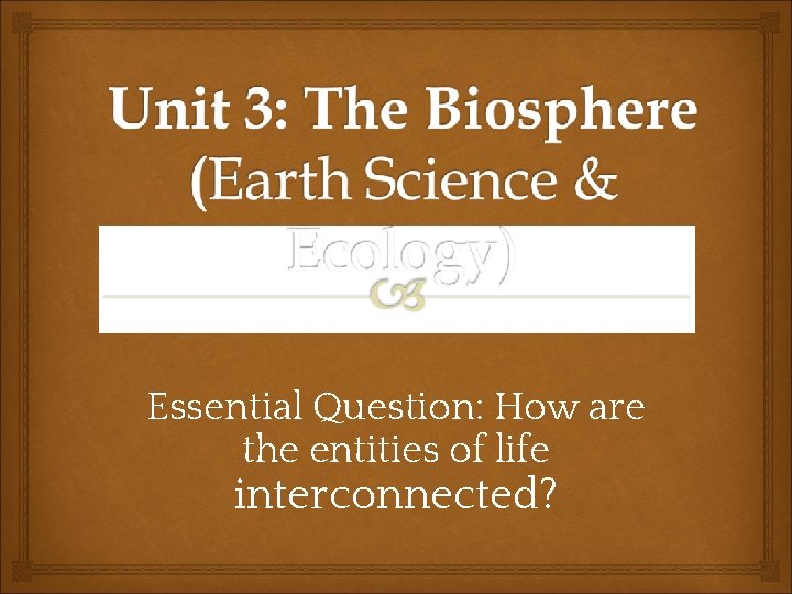 Essential Question: How are the entities of life interconnected? 