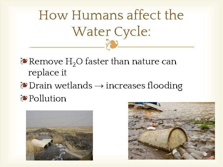 How Humans affect the Water Cycle: ❧ ❧Remove H 2 O faster than nature