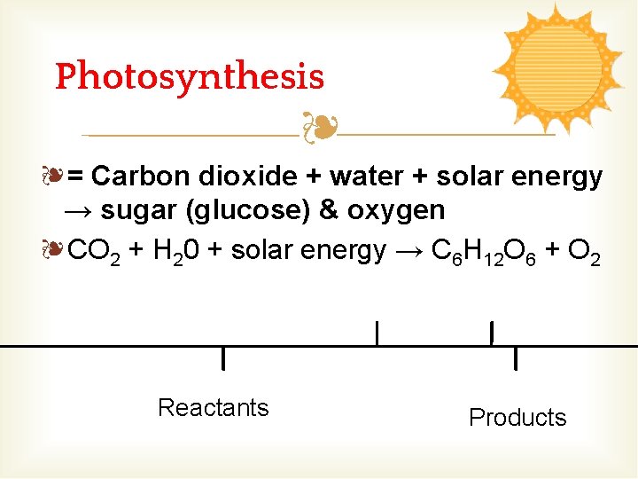 Photosynthesis ❧ ❧= Carbon dioxide + water + solar energy → sugar (glucose) &