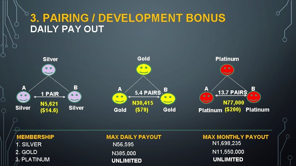 3. PAIRING / DEVELOPMENT BONUS DAILY PAY OUT Gold Silver B A 1 PAIR