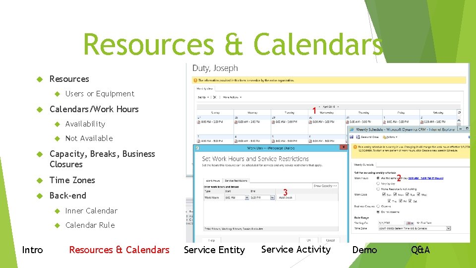 Resources & Calendars Resources Users or Equipment Calendars/Work Hours Availability Not Available Capacity, Breaks,