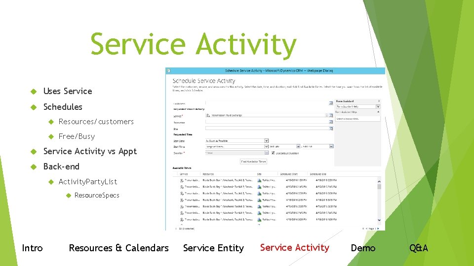 Service Activity Uses Service Schedules Resources/customers Free/Busy Service Activity vs Appt Back-end Activity. Party.