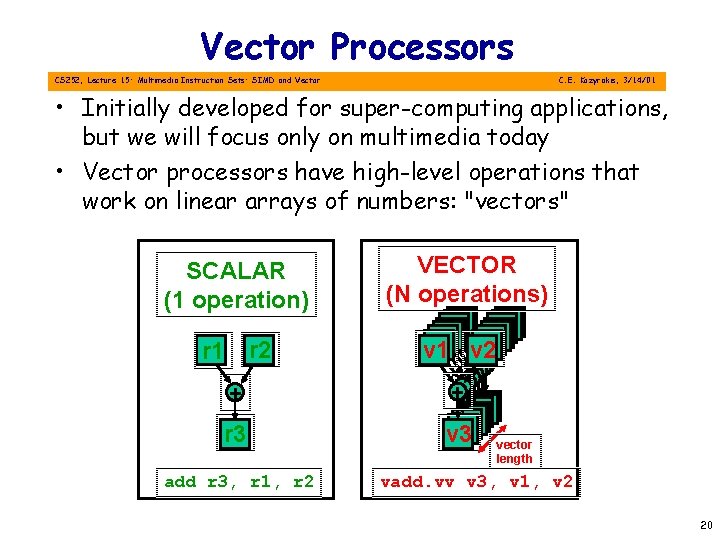 Vector Processors CS 252, Lecture 15: Multimedia Instruction Sets: SIMD and Vector C. E.