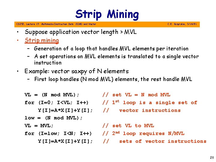 Strip Mining CS 252, Lecture 15: Multimedia Instruction Sets: SIMD and Vector C. E.